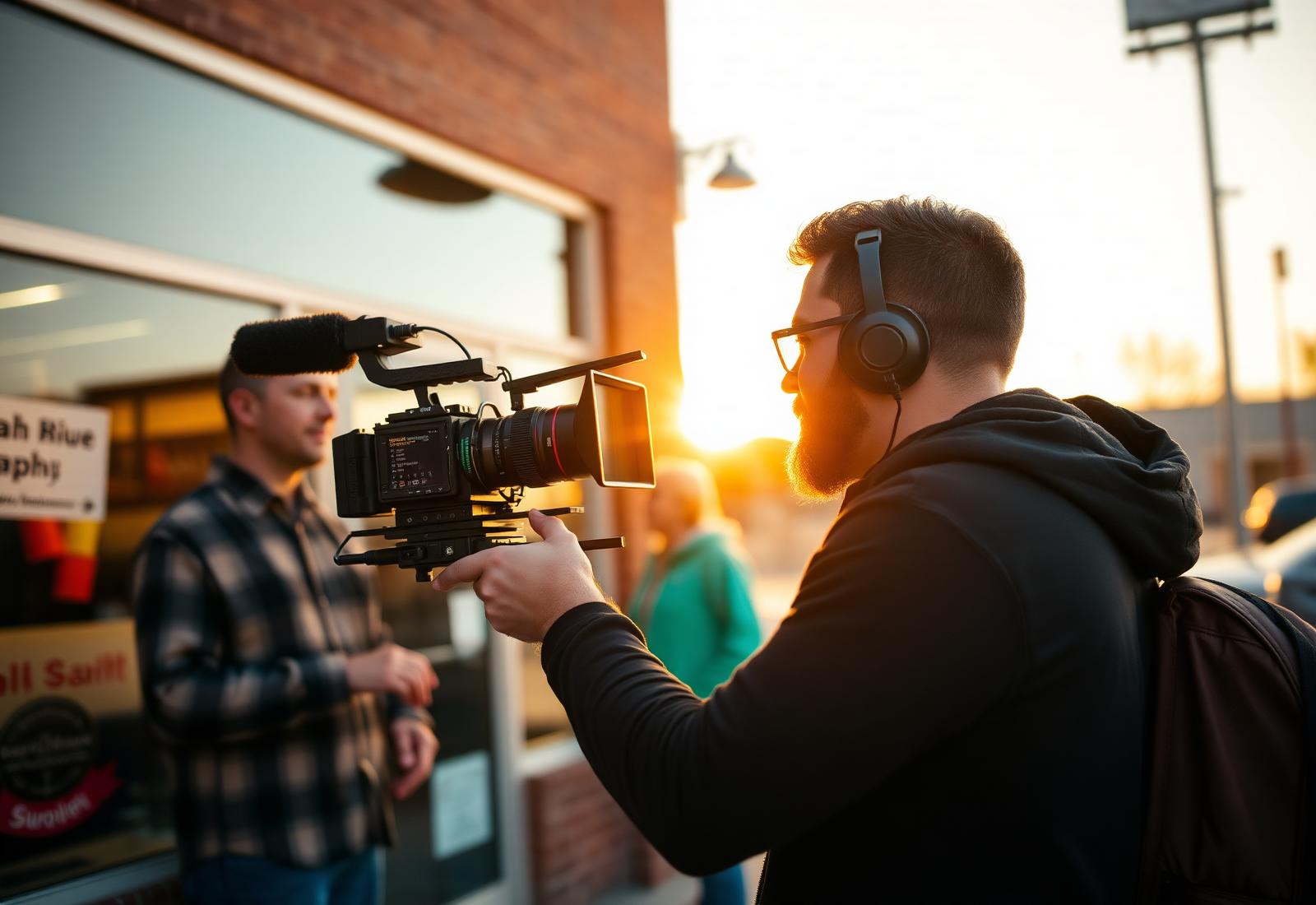 Videographer filming a small business owner at golden hour
